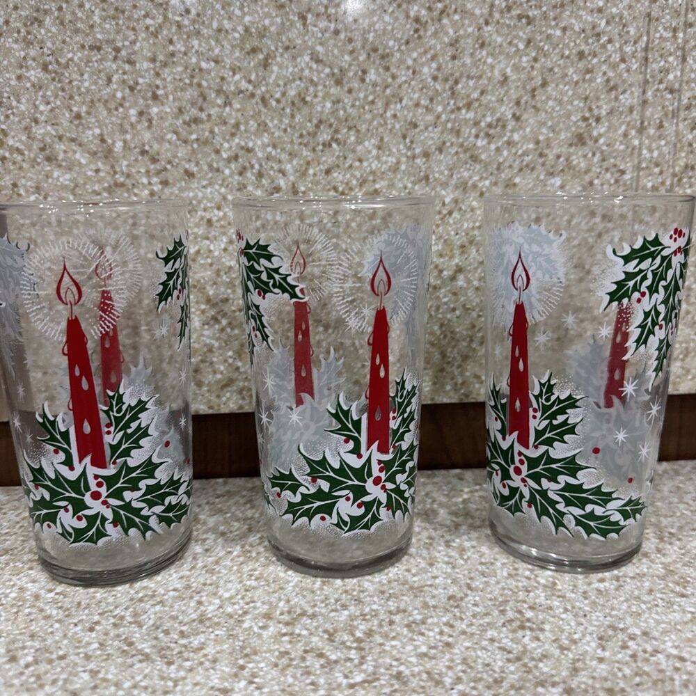 Vintage 1960’s Christmas Libbey Holly Candle Drinking Glasses 12oz Set 3